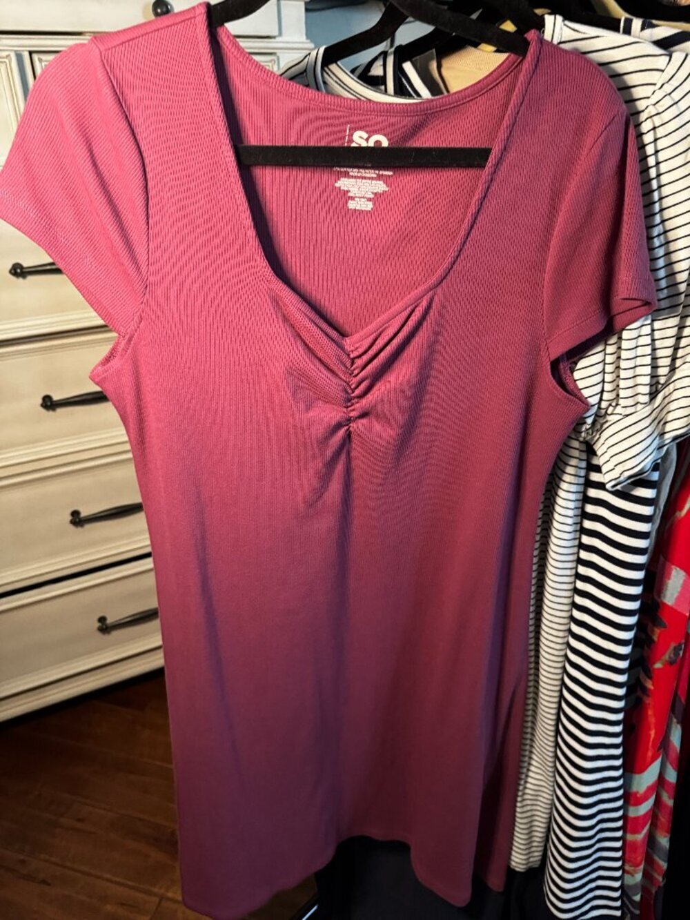 SO Pink Ribbed Ruched Front Dress Short Sleeve Stretch Casual Mini Dress